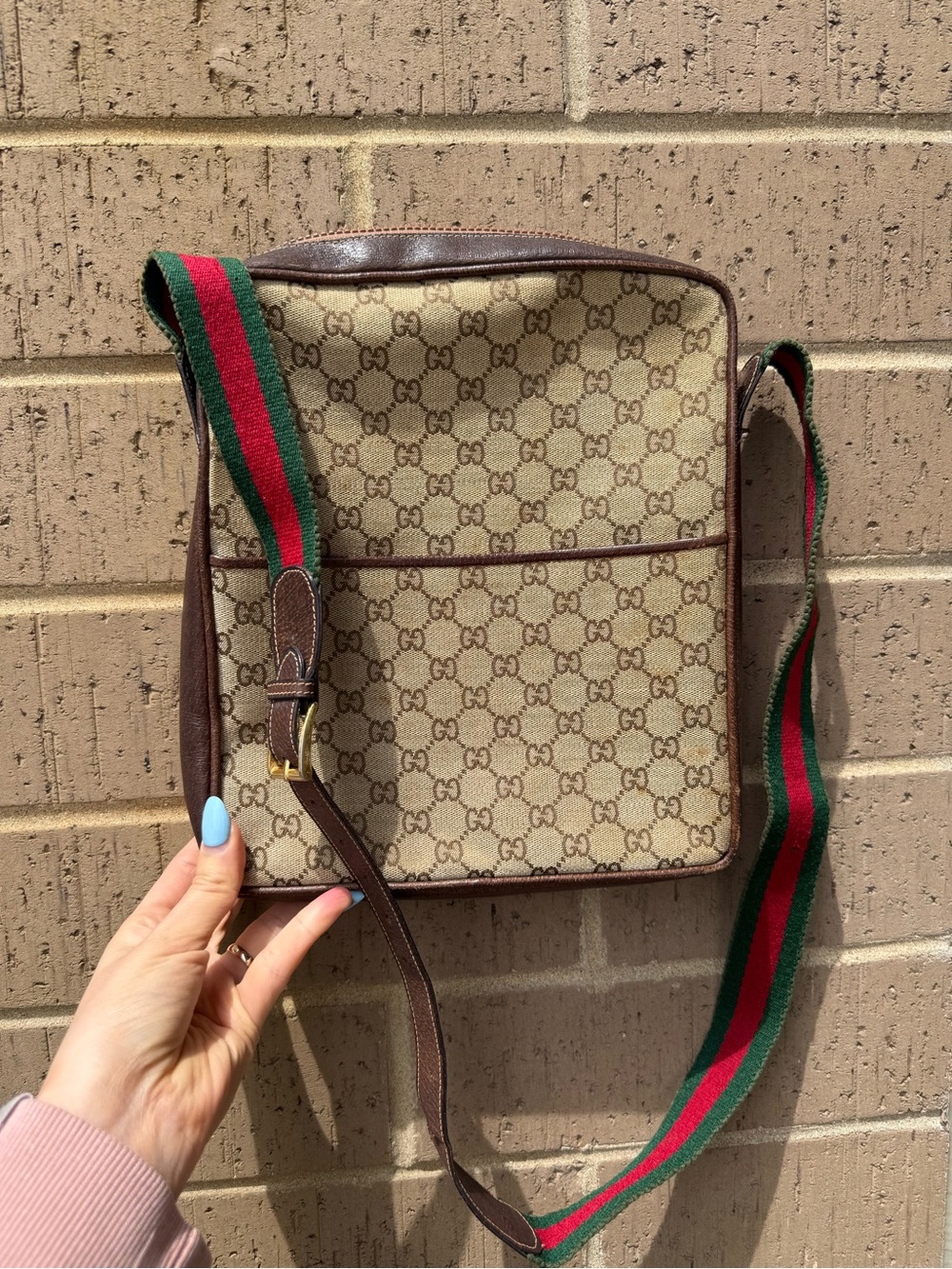 Vintage Gucci Beige Brown Monogram Messenger Bag with Green-Red Web Strap